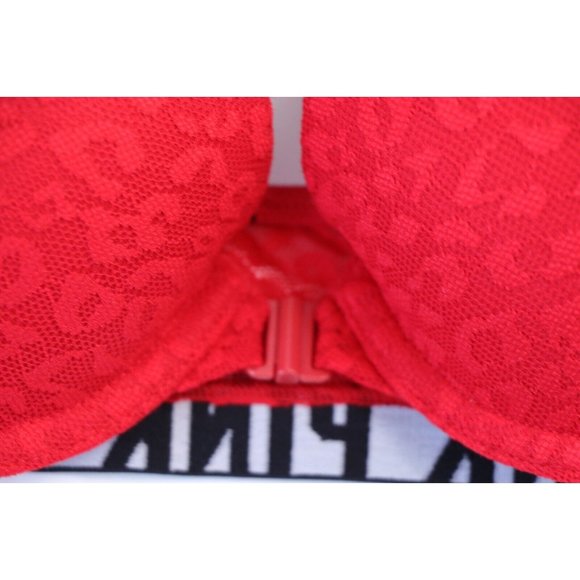 Pink logo Red 32B Lace Front Clip Strappy Bra Cheetah Print Victoria Secret - Picture 5 of 6